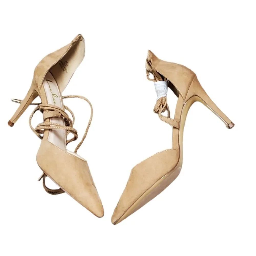Lulu's Camel Faux Suede Wrap Heels